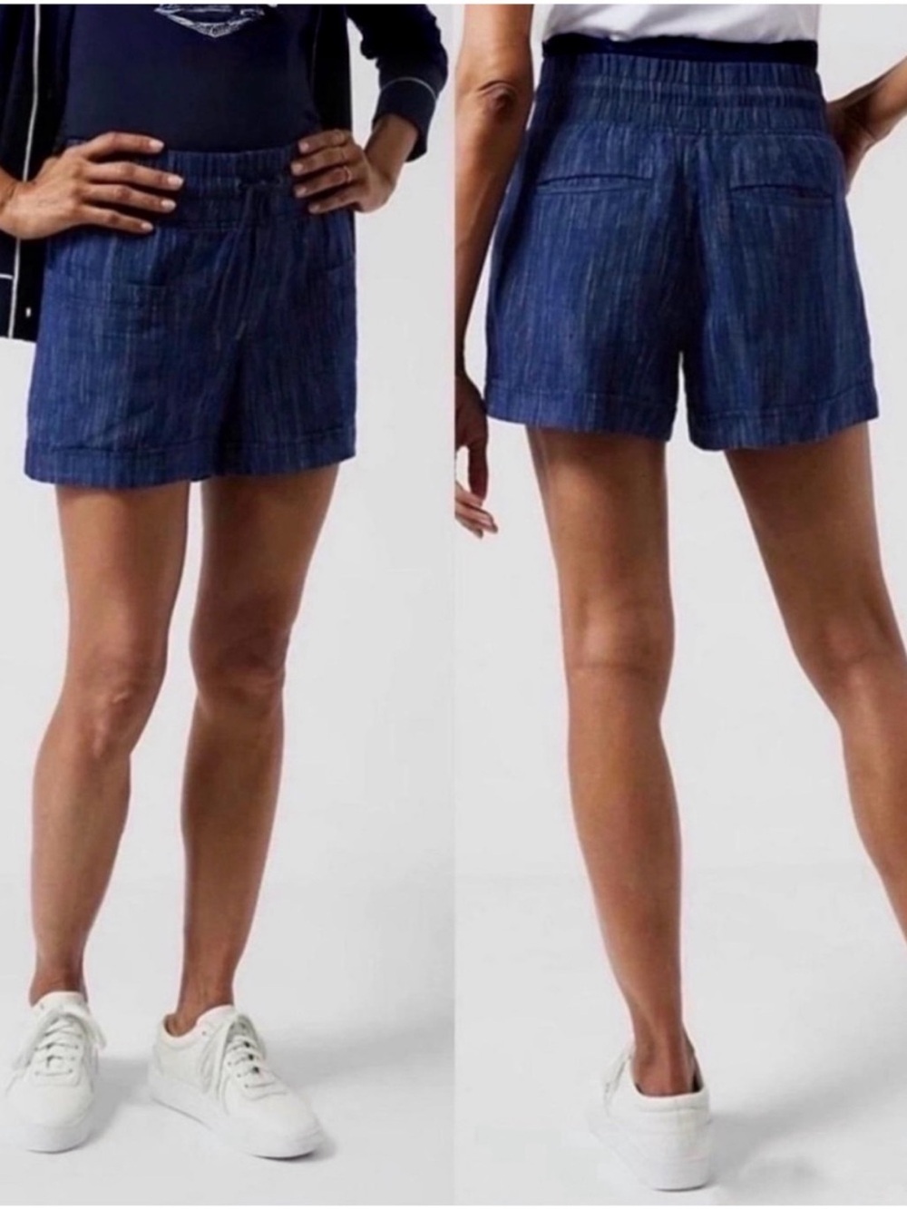 Athleta Cabo Linen Textured 4" Short Women's Elastic-Waist Dark Blue Shorts 12